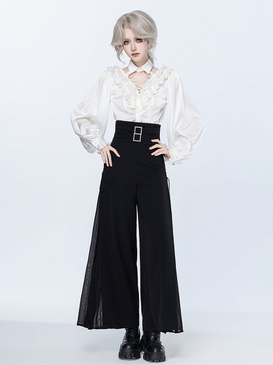 Black High Waist Flowing Pleated Chiffon Wide-leg Pants - DevilInspired Exclusive Collection