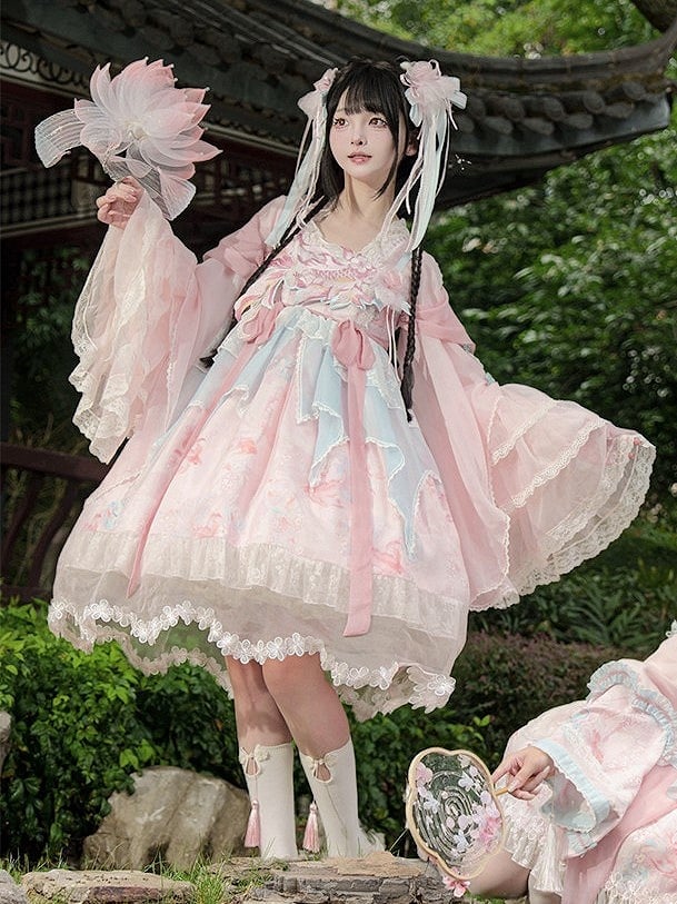 Blouse Han Bell with Lolita Pink Sleeves Lace-Trimmed