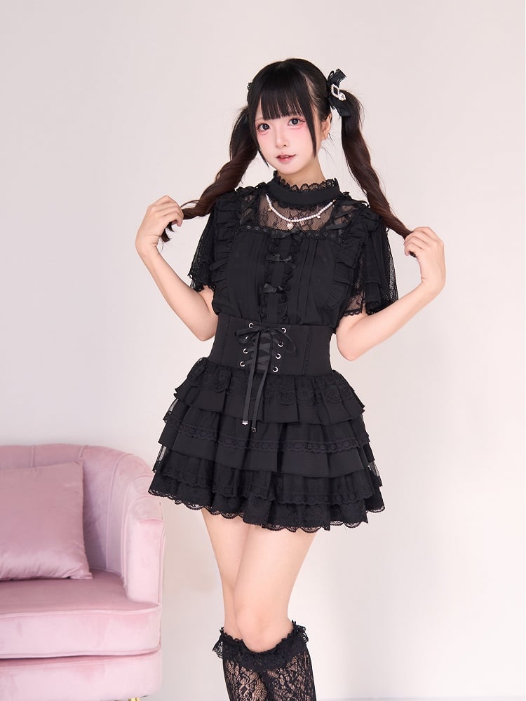 Black Neckline with Beaded Style Chain Details Illusion Criss-cross Jirai Kei Blouse