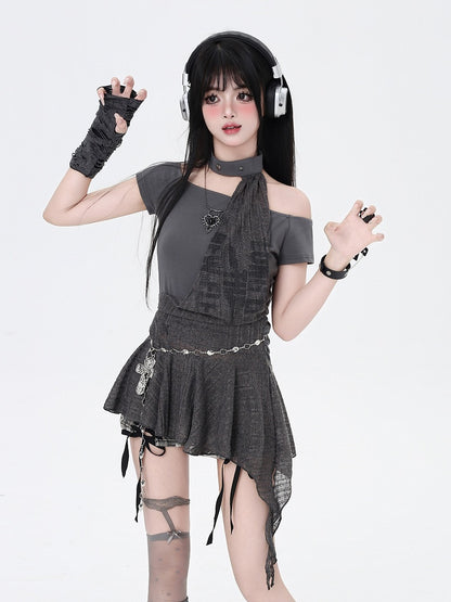 and Dress All-in-one Glamorous Mini Punk Gray Asymmetrical Neckline and Choker Hem
