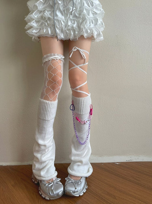Cut-out Warmers Leg Design White Chain Overknee Stockings/Leg /Lace