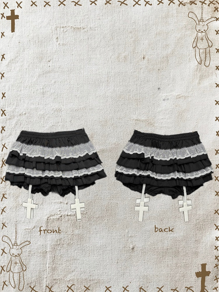Trim Black/White Gothic Mini Tiered Lace Skort with