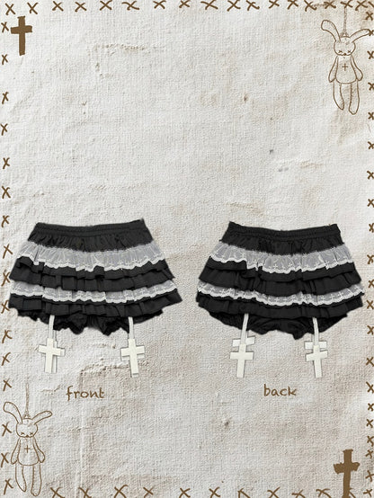 Trim Black/White Gothic Mini Tiered Lace Skort with