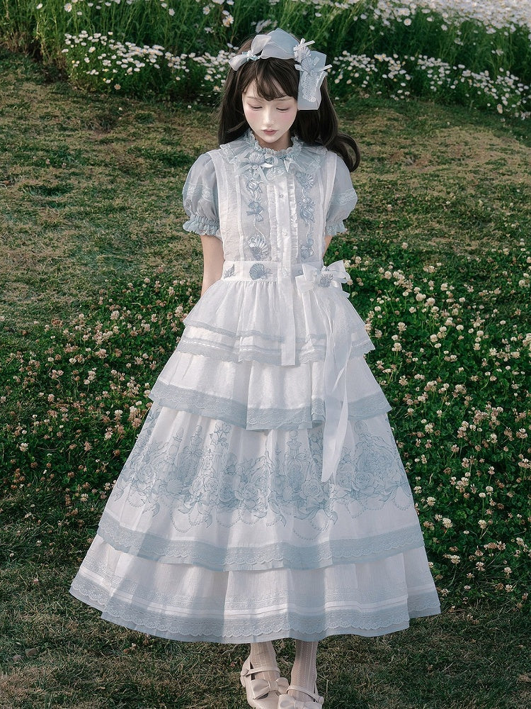 Layered Blue & White Lace Tencel Skirt with Floral Print - Yimu Walnut