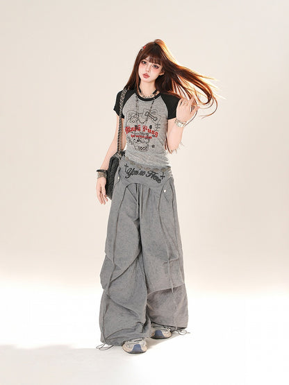 アクセサリー ピンク/グレー ドローストリング ワイドレッグパンツ ウエスト付き