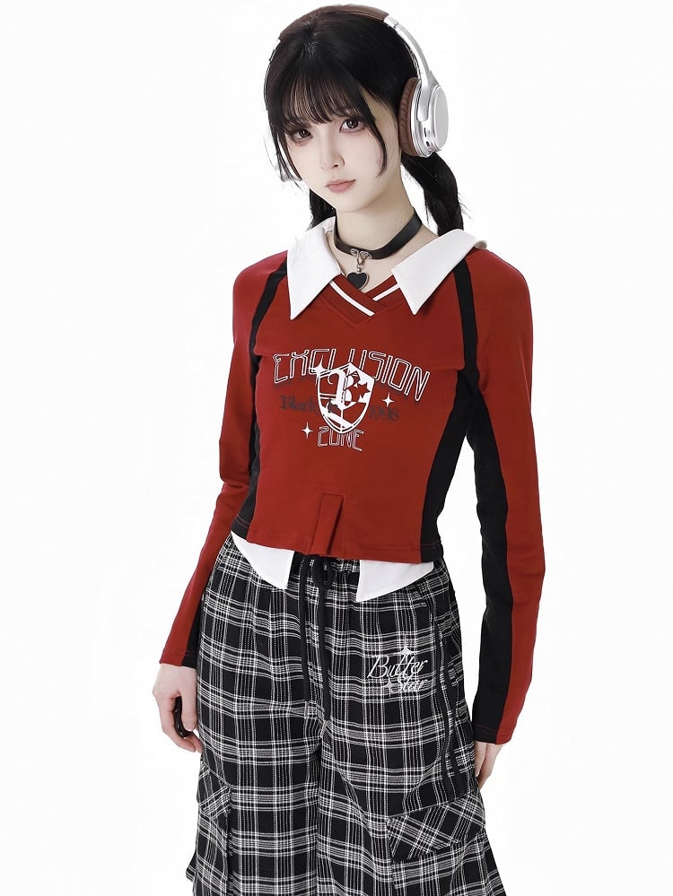 Red Fake Two-piece Design V-neck Cropped Sweatshirt