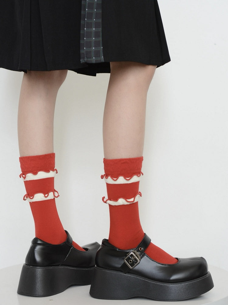 Socks Red Calf Ruffles White with