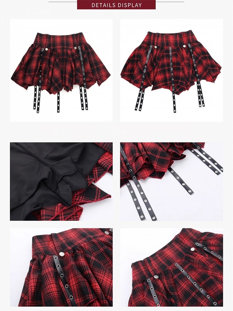 Y2K Rot karierter Minirock - Stufenrock mit hängenden Gürtelakzenten