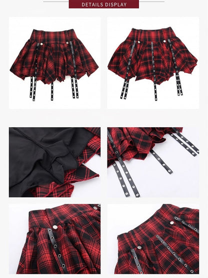 Y2K Rot karierter Minirock - Stufenrock mit hängenden Gürtelakzenten