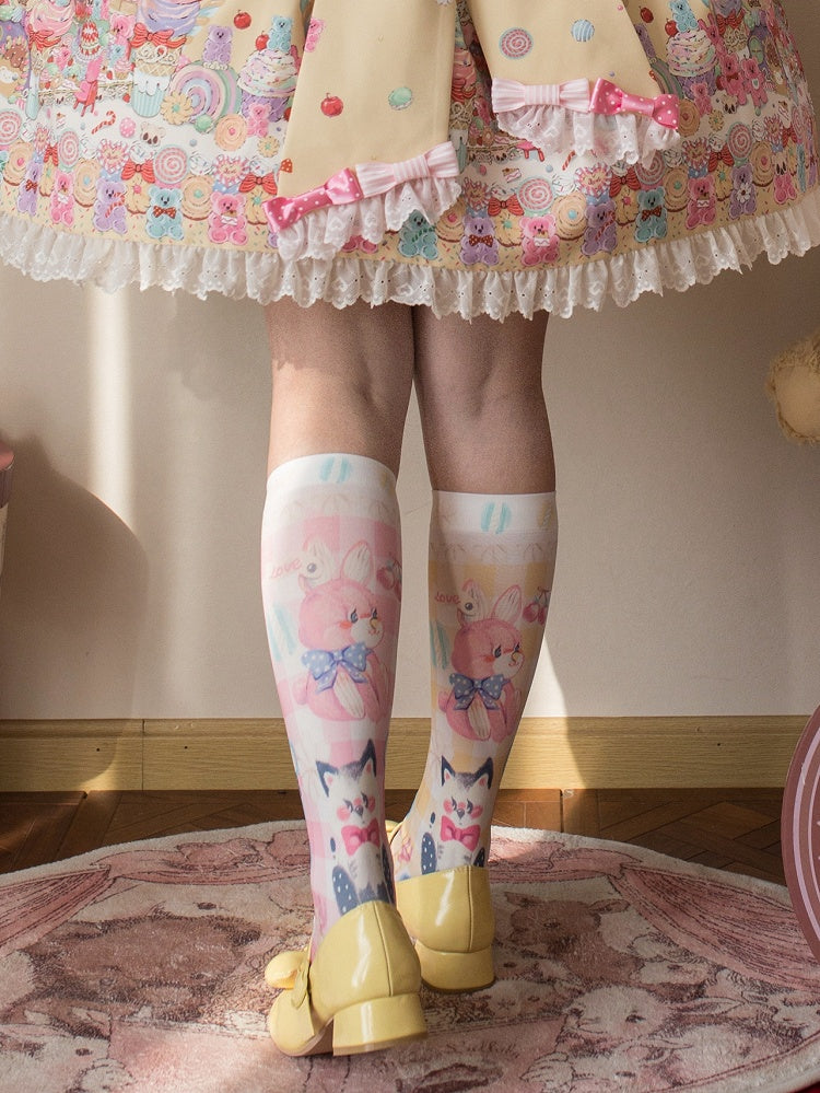 and Print Yellow Socks Pink Calf Bunny Kitty