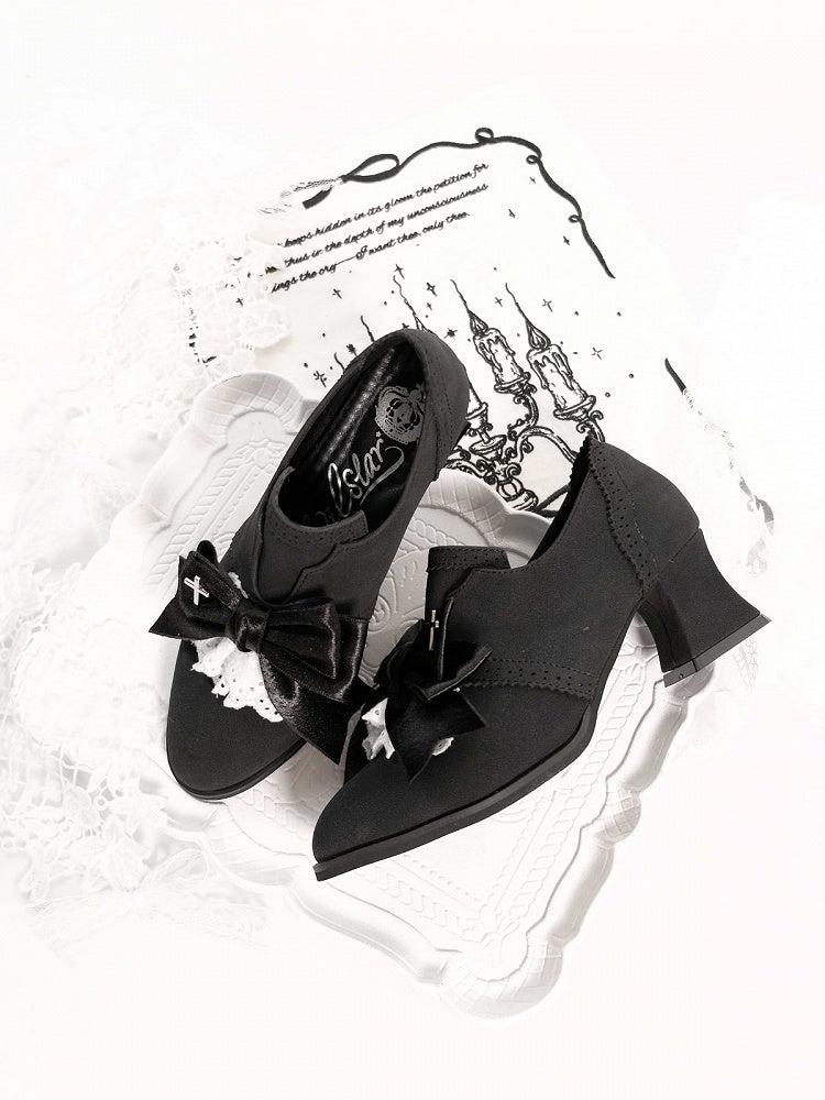 Black Velvet Gothic Bowknot High Heels Cross Lace - EvilStar