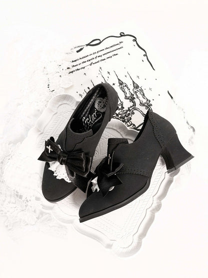 Black Velvet Gothic Bowknot High Heels Cross Lace - EvilStar
