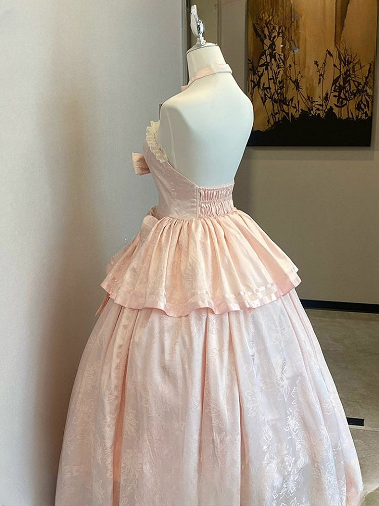 Accents Pink Floral Tie Gown Halter Satin Neck Ball and with