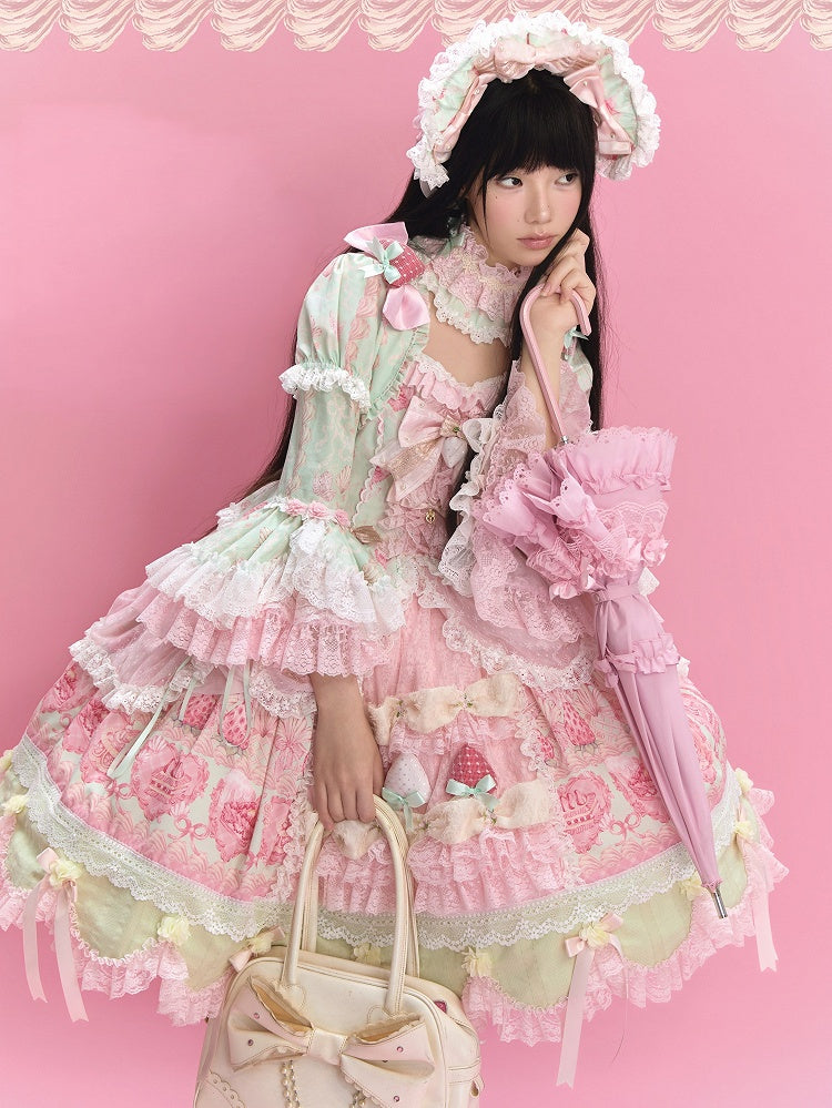 Green & Pink Strawberry Cake Print Bell Sleeve Lolita Dress - Ball Lolita