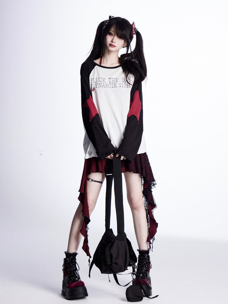 Lockere Oberteilärmel, schwarz-weißes Colorblock-Design, Sternapplikationen