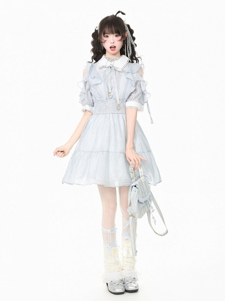 Dusty Blue Mesh Cut-Out Shoulder Dress with Ruffles