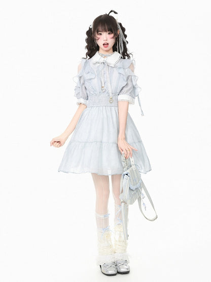 Dusty Blue Mesh Cut-Out Shoulder Dress with Ruffles