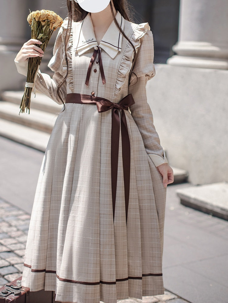 Plaid Pleated Juliette Sleeves Preppy Dress: Skirt with Coffee Light Style