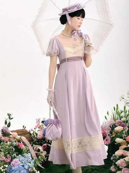 Elegant Purple High-Waisted Empire Lolita OP Gown with Lace Accents - KOMOMO