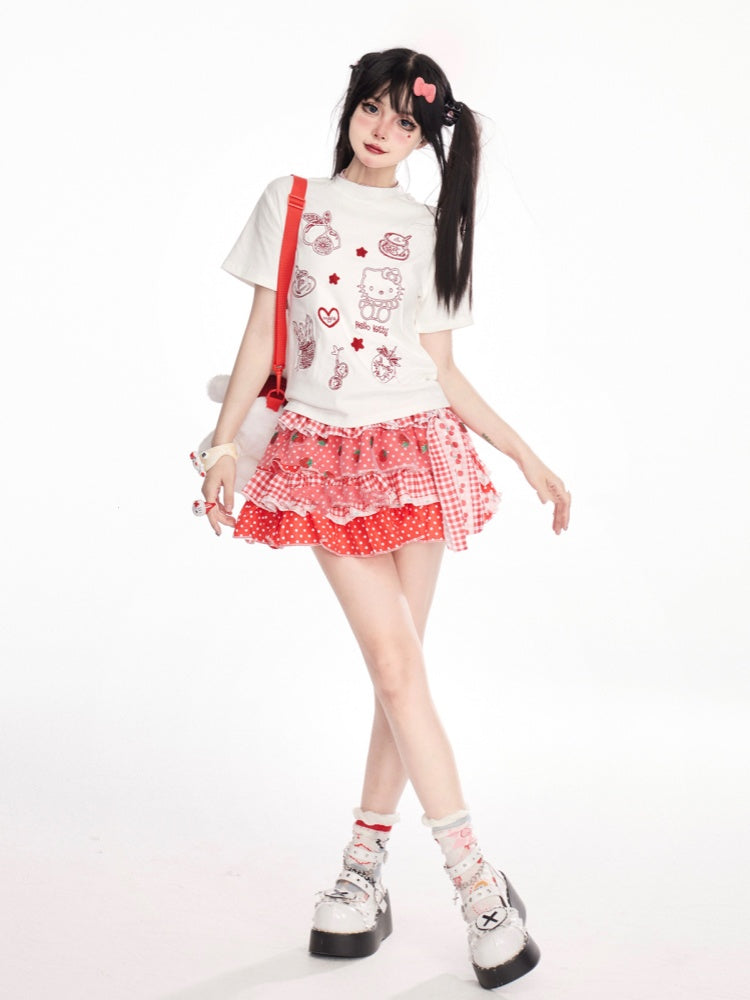 スカート スイート ポルカドット ティアード ストロベリーレッド チェック柄