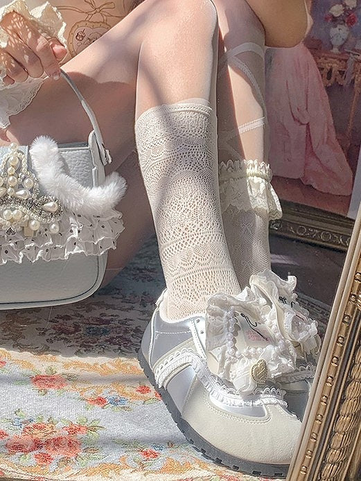 Style with Kawaii Flat Silver Trim Lace White Sneakers