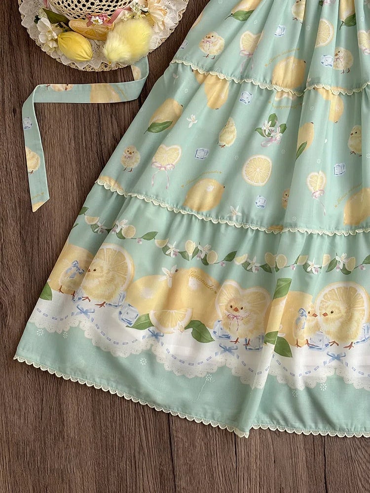 Summer and Print Spring for Chick Dress Green Lolita Short Sleeves Lemon
