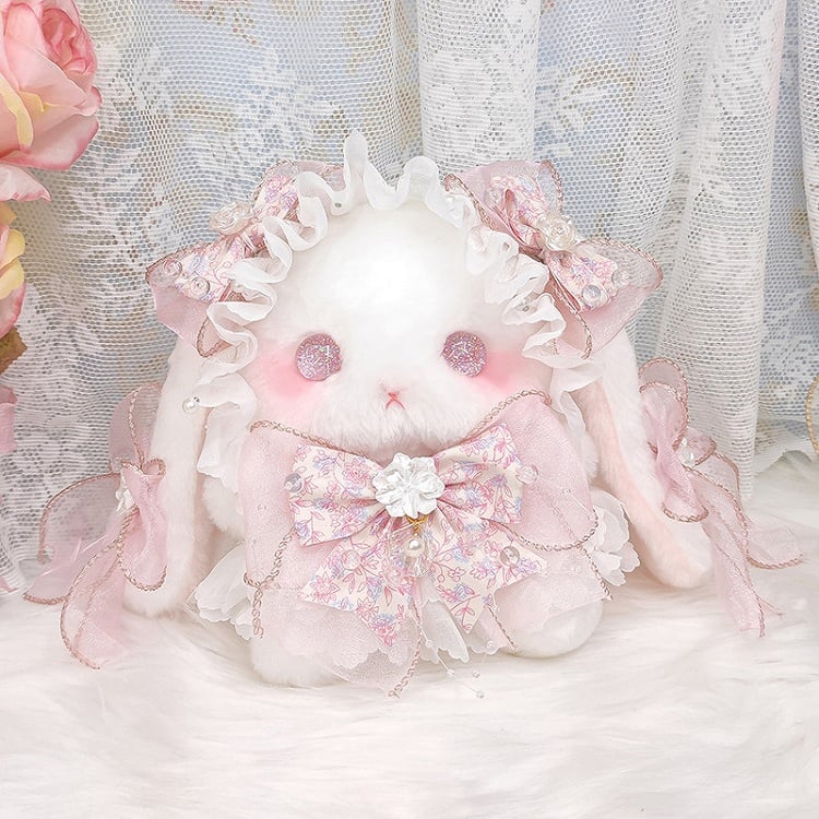 Plush with Sweet Convertible Pink Bag Decorated Accents Strap Bunny Bowknot Flower White