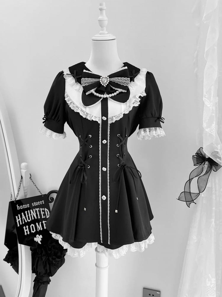 ジライ装飾ケイセット ホワイトレースアップウエストラインストーンミニドレス+ショーツ ブラックディテール