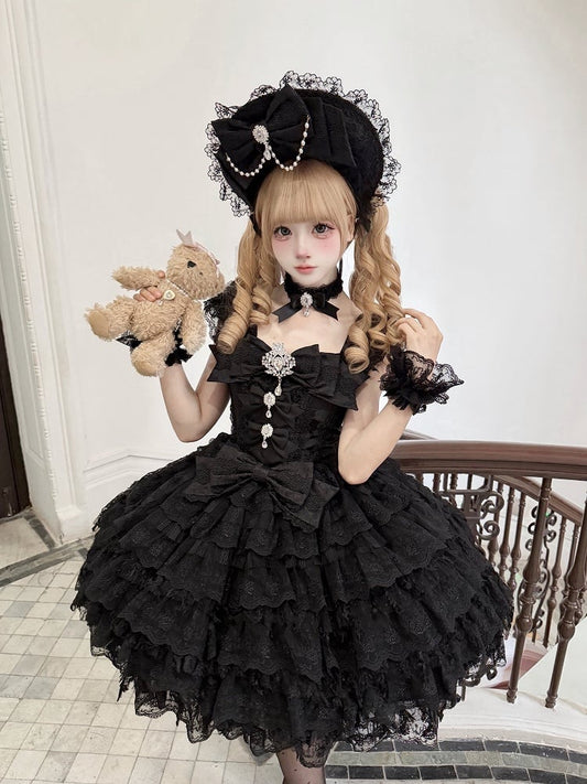 Details Skirt Sweet Lace JSK Rhinestone Lolita Multi-Layered Hime-Style with Bow Black Dress