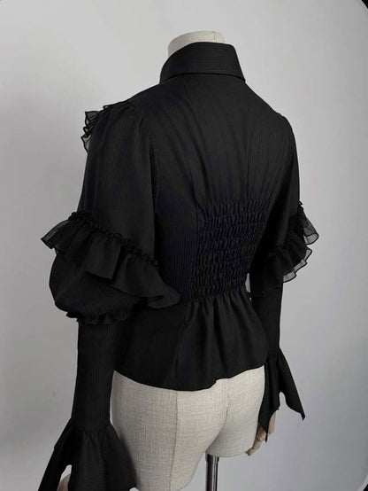Sleeves Collar Lolita Long Shirt with Ruffles Black Sharp Gothic