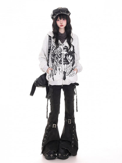 Dark Kawaii Light Gray Zip-Up Hoodie with Portrait Graffiti Print - KNOW8 Online Shop