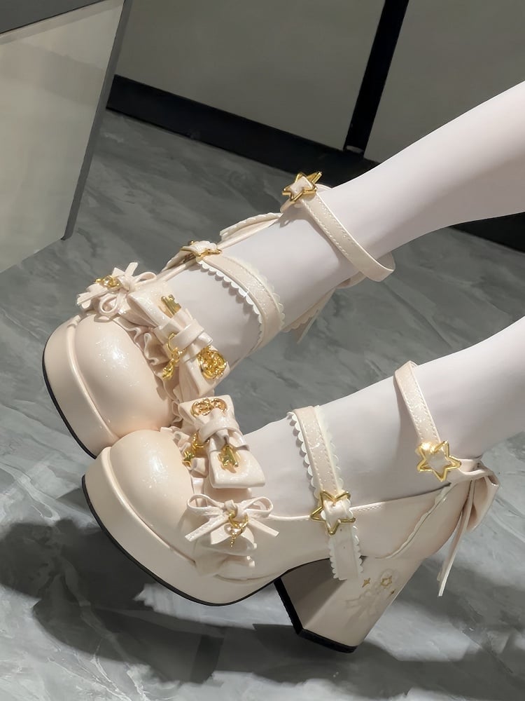 Beige High-heel Lolita Heel Starry with Closure Magic Embroidery Shoes Hime Wand Snap