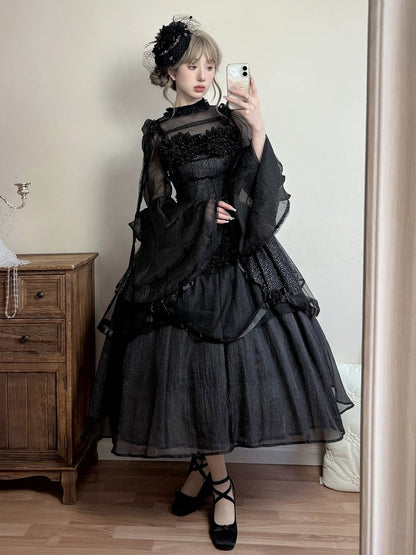 Sleeves Trumpet Blouse Black Semi-sheer Tulle