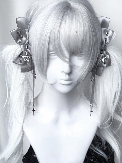 Bow Hairclips Black/Gray Punk Pentacle Kei Charm Studded Jirai