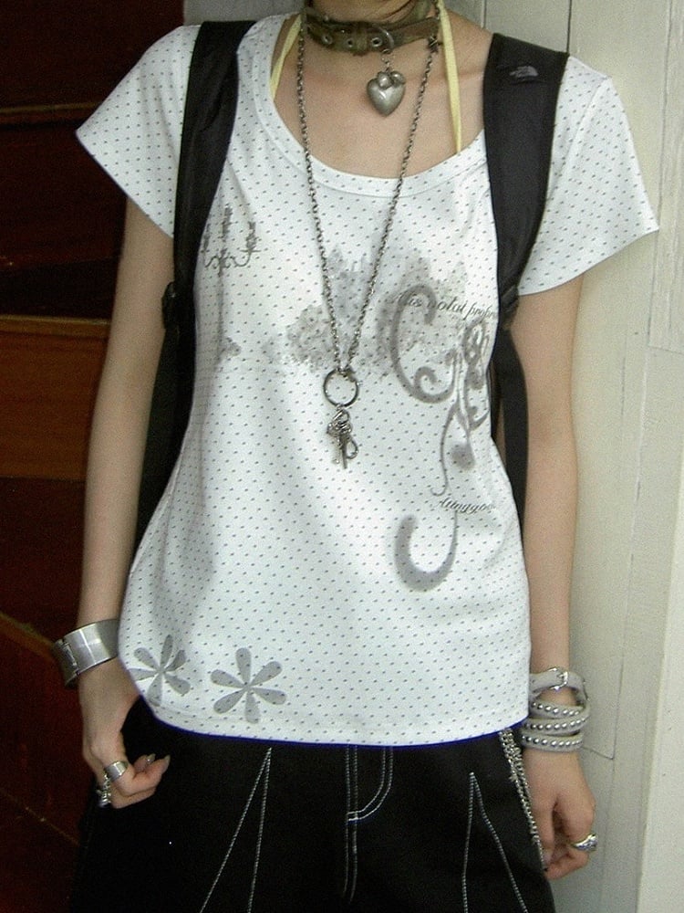 Candelabra Print White Polka Dot Round Neck Tee - innomoood