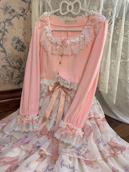 Kurzer rosa Cardigan mit dreifacher Spitze und Schleife, süßes Design