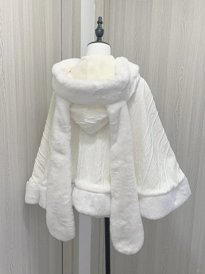 フード付きプラッシュケープデザイン ジライケイ ベージュ ウサギ耳 蝶結び 取り外し可能