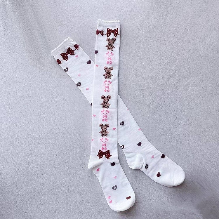 Stockings Accents) White Style Teddy (Color: Pink/Burgundy Bow Pattern with Bear Lolita