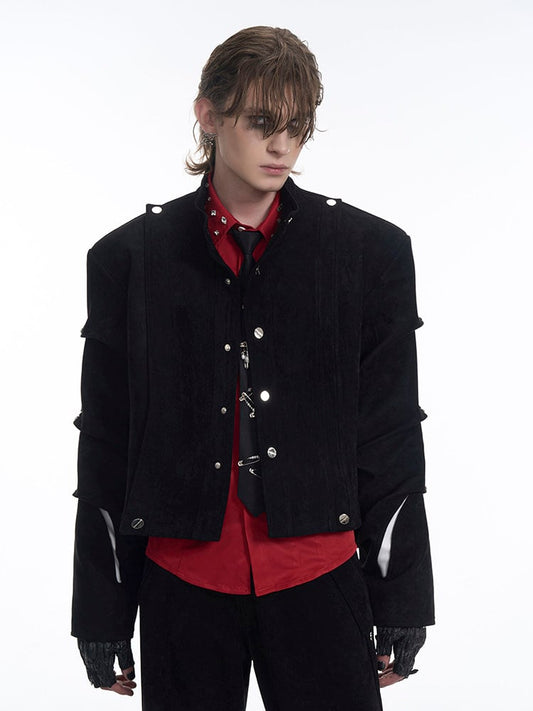 Deconstructed Suede Black Cropped Men’s Sleeve Pleating with Jacket