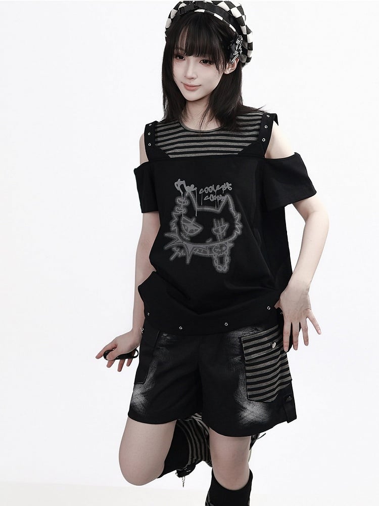 Black Striped Cutout Shoulder Short Sleeve Tee with Cat Graffiti - PINK SAVIOR