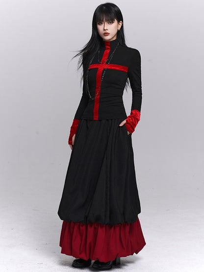 Neck Long Gothic Design Mock Cross with Sleeves Top Cuffs Black Thumbhole Red