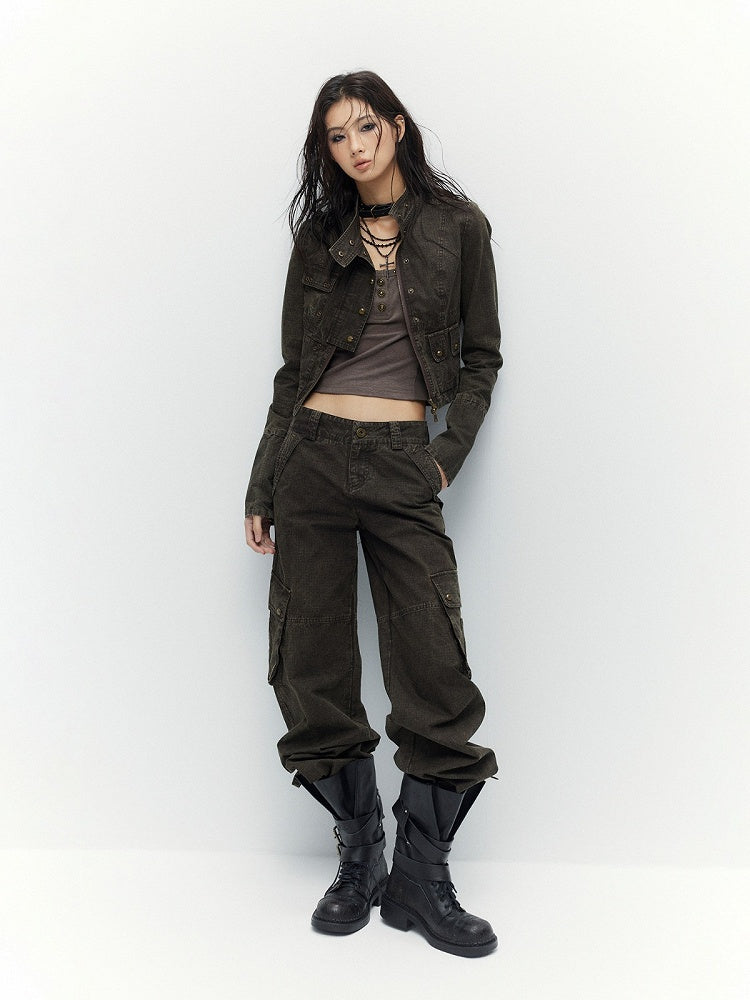 Vintage Coffee Short Zip Jacket with Pocket - Low pixel