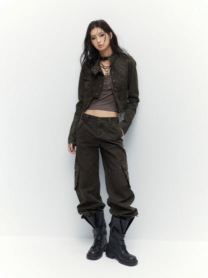 Vintage Coffee Short Zip Jacket with Pocket - Low pixel