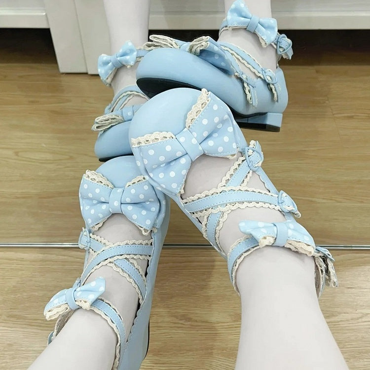 Mary with Janes Snap Heart-shaped Blue Lolita Bow Closure Lace-trimmed Sweet