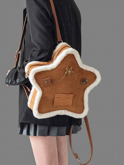 Feel A Metal And In Vintage Brown Small-Sized Plush Pins Star-Shaped 2-Way Backpack With Labels