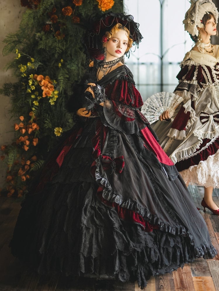 and Shimmering OP Full Set Gorgeous Black High-low Lolita Velvet Hanayome Red Dress