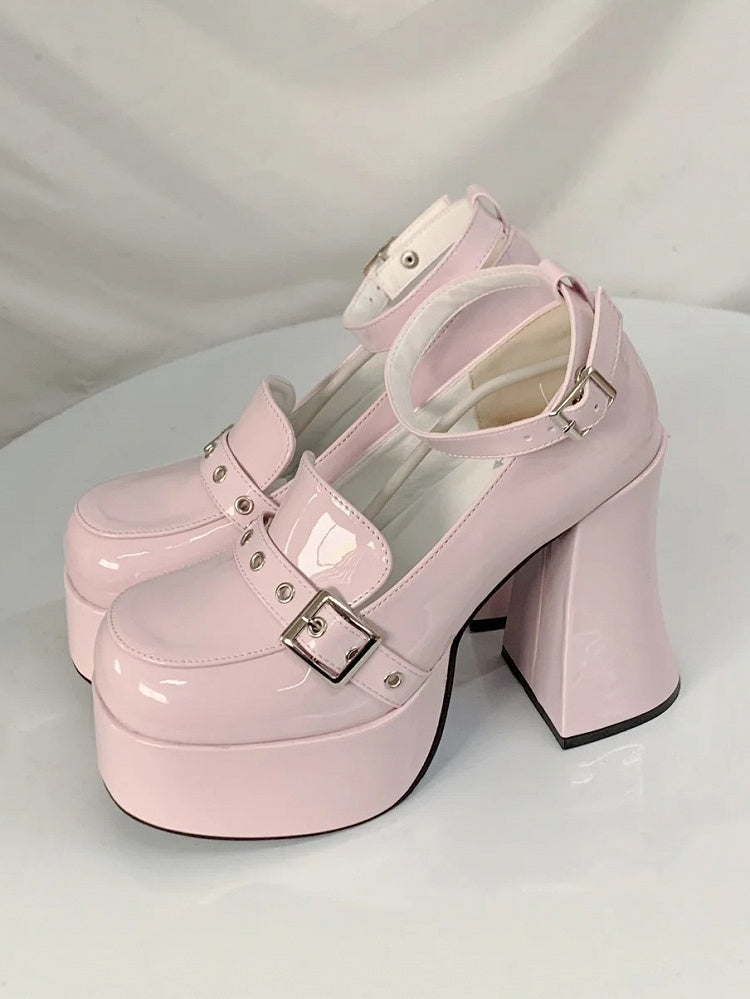 Platform High Block Heel & Buckle Design PU Peach Pink Y2K Shoes