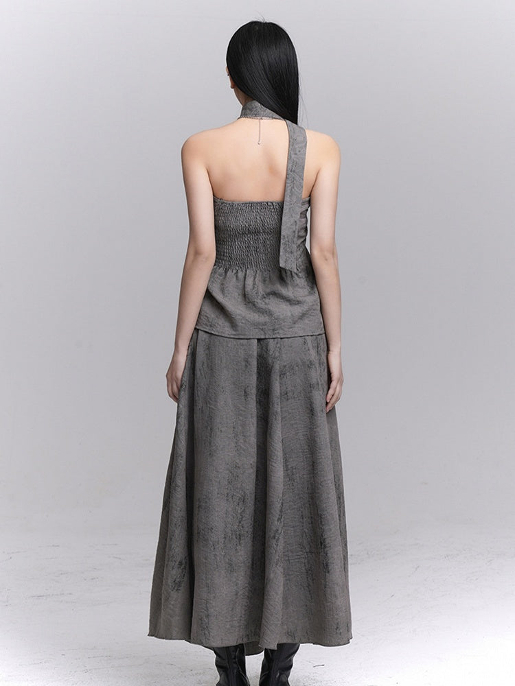 Gray Wasteland Punk Splatter with Ankle-Length Asymmetric Skirt Pattern Ruffle