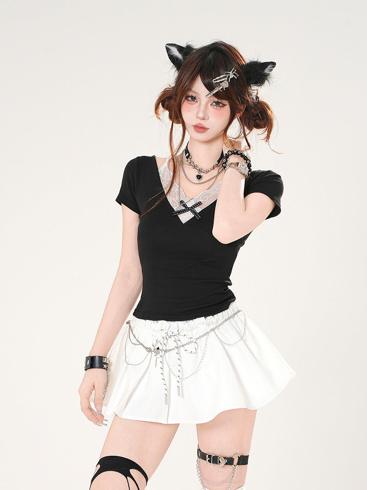 Slim-fitting Black/Red Design Lace Faux T-shirt Two-pieces Camisole