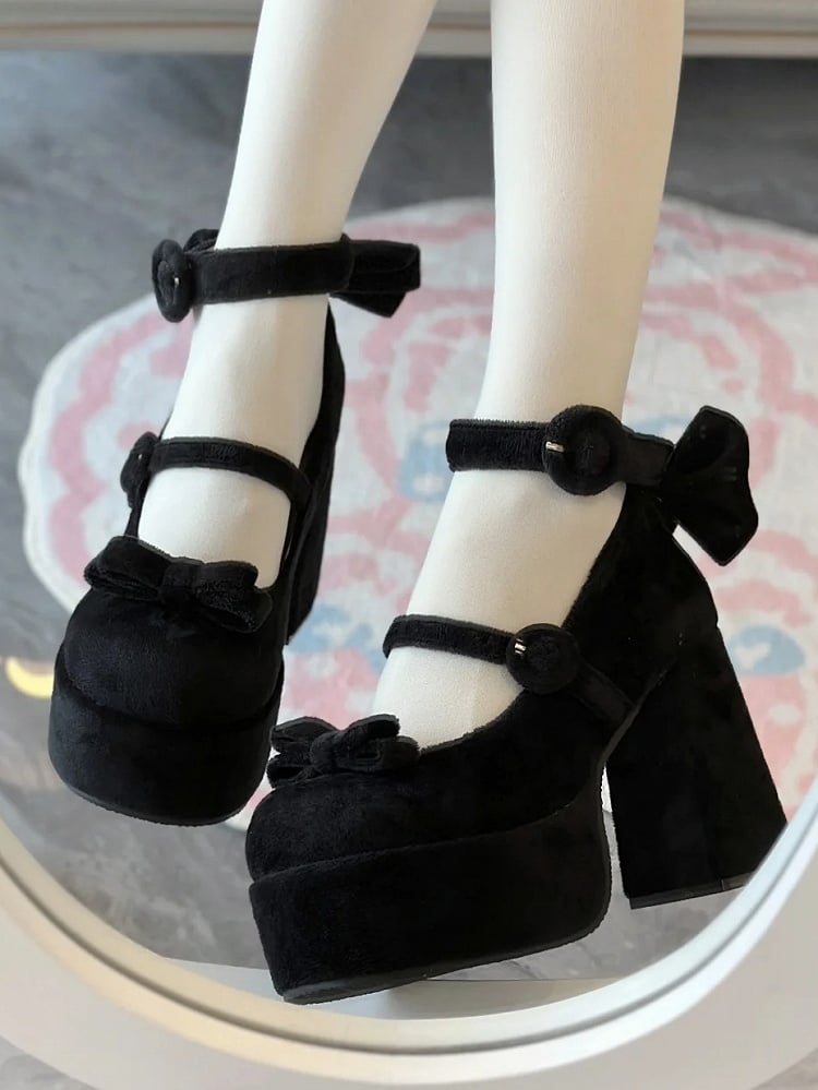 Classic Platforms Bowknot Details High Buckle Lolita Velvet with Black Block Ring Heels Design